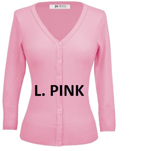 YEMAK Women's 3/4 Sleeve V-Neck Button Cardigan Sweater - Lightweight Knit, Plus Size Available, Pink